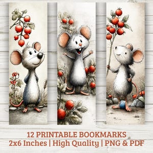 Puede incluir: Tres marcapáginas imprimibles con ilustraciones de acuarela de ratones y bayas rojas. Cada marcapáginas mide 5 x 15 cm. El texto en la parte inferior dice "12 Printable Bookmarks | High Quality | PNG & PDF".