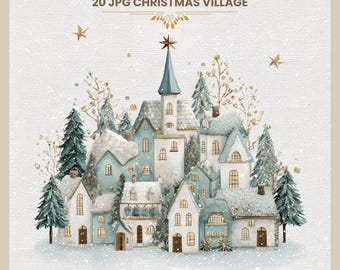 Conjunto de imágenes prediseñadas de un pueblo navideño: ilustraciones festivas de las fiestas (descarga digital JPG), uso comercial.