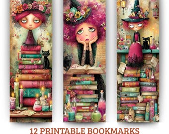 Marcapáginas de brujas caprichosas / Láminas de arte de fantasía gótica (PDF y PNG)