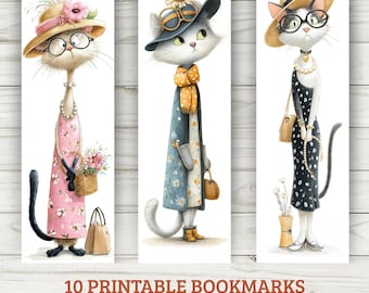 Whimsical Fashion Cat Bookmarks – 10 Elegant Watercolor Printable Cat Designs | Instant Download PDF & PNG
