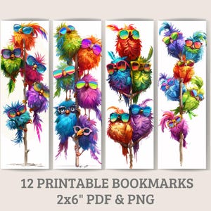 Marcapáginas de pájaros de dibujos animados de colores – Juego de 12 marcapáginas imprimibles de 5 x 15 cm para niños y adultos / Divertido juego de marcapáginas digitales / Marcapáginas imprimibles