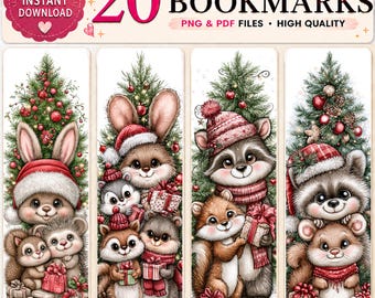 Może przedstawiać: Zestaw 20 zakładek do druku z ilustracjami zwierząt leśnych, takich jak króliki, szopy i wiewiórki na tle choinek. Tekst głosi 20 PRINTABLE BOOKMARKS, PNG & PDF FILES, HIGH QUALITY oraz INSTANT DOWNLOAD.