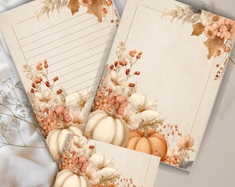 Autumn Harvest Letter Writing Set – Watercolor Pumpkin Floral Stationery (PDF + PNG)