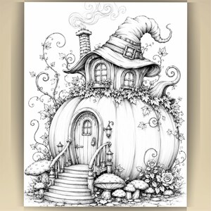 May include: A black and white line art illustration of a pumpkin-shaped house topped with a large, buckled witch hat roof. The structure features a central arched wooden door, a chimney with smoke, climbing vines, and surrounding mushrooms.