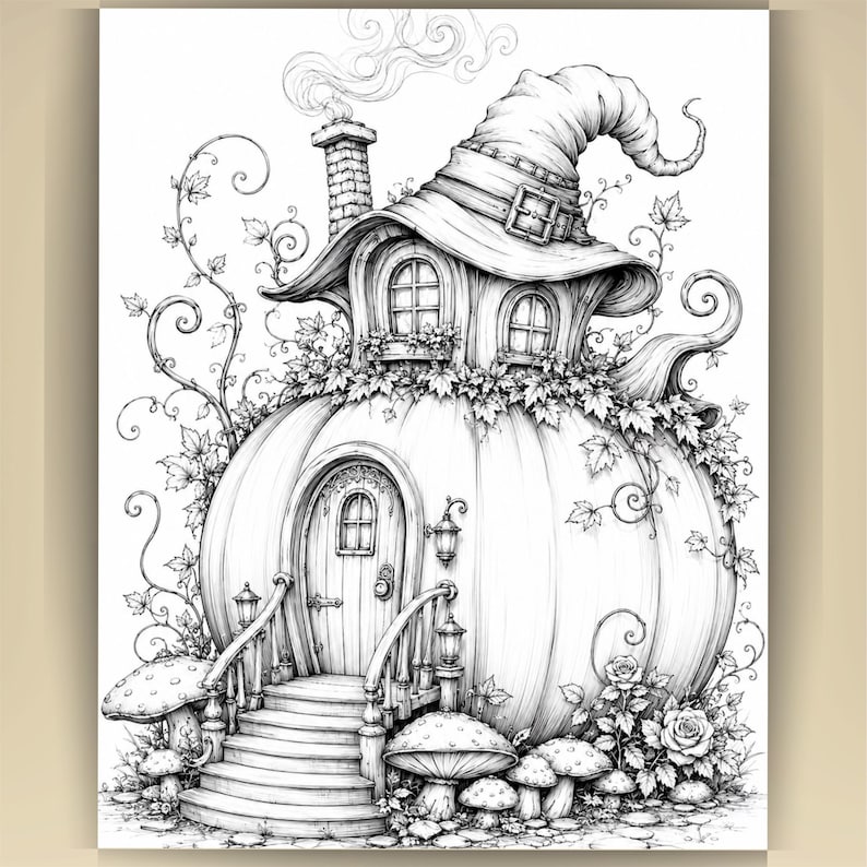 May include: A black and white line art illustration of a pumpkin-shaped house topped with a large, buckled witch hat roof. The structure features a central arched wooden door, a chimney with smoke, climbing vines, and surrounding mushrooms.