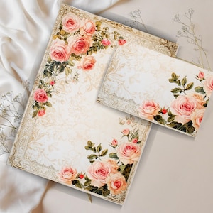 Juego de cartas imprimibles de pergamino vintage con rosas, hojas de notas rayadas y sin rayar, suministros para amigos por correspondencia, juego de cartas para amigos por correspondencia