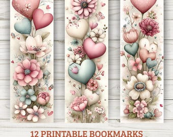 Heart Floral Bookmarks | Pastel Valentine Printable Set (PDF + PNG)
