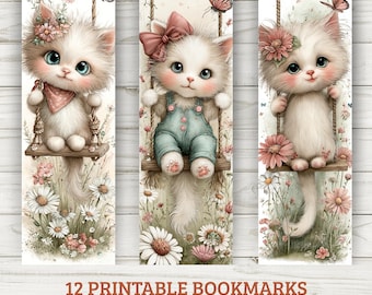 Watercolor Kitten Bookmarks - Swinging Cats Art, Set of 12 (PDF & PNG)