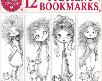Coloring Bookmarks Whimsical Girl & Animal, Printable Bookmarks Set, 2x6 inch,