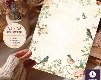 Könnte beinhalten: Ein Briefpapierbogen mit cremefarbenem Hintergrund und einem floralen Rand aus rosa Rosen, grünem Blattwerk und kleinen Vögeln. Der Text umfasst A4, A5, US LETTER, LINED, UNLINED, ENVELOPE und INSTANT DOWNLOAD PDF + PNG.