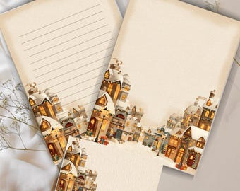 Cozy Christmas Village Letter Writing Set – Whimsical Winter Stationery | Instant Download PDF + PNG