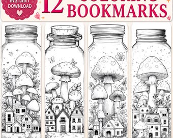 Mushroom Jar Coloring Bookmarks: Fantasy Art DIY Printable (PDF Download)