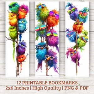 Funny Bird Bookmarks: 12 Whimsical Cartoon Designs (PDF & PNG Digital Download)
