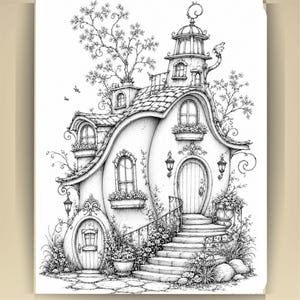 May include: A black and white line art illustration of a multi-story house with a curved roof, arched windows, and a central arched doorway. The structure features a stone staircase, flower boxes, climbing vines, and a small tower with a spire.