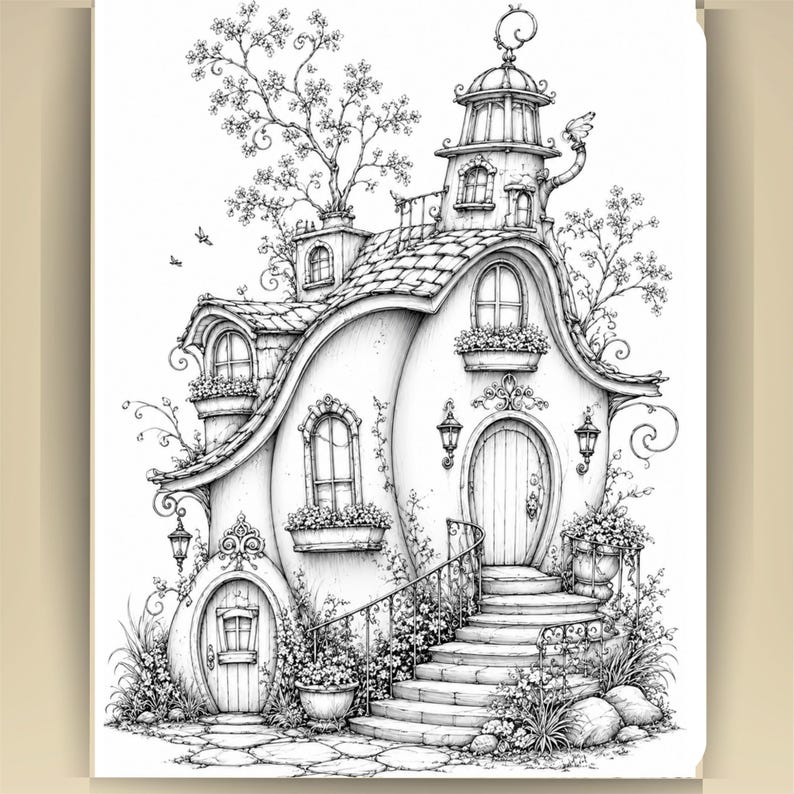 May include: A black and white line art illustration of a multi-story house with a curved roof, arched windows, and a central arched doorway. The structure features a stone staircase, flower boxes, climbing vines, and a small tower with a spire.