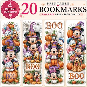 May include: A set of four vertical printable bookmarks featuring Disney characters in Halloween costumes, including Mickey, Minnie, Donald, and Pluto. The designs include pumpkins, ghosts, spiderwebs, and the text BOO in orange and purple colors.