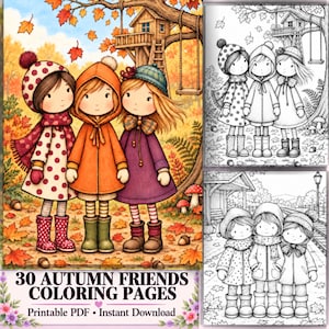 Puede incluir: Una colección digital de 30 páginas para colorear Autumn Friends con tres niños con ropa de otoño en un bosque con una casa del árbol. El conjunto incluye una ilustración a todo color y dos páginas para colorear en blanco y negro.