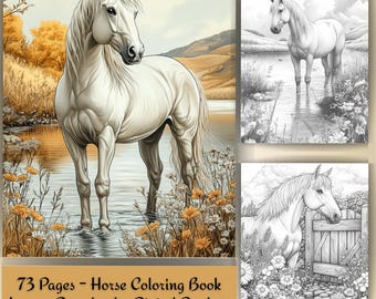 Horse Coloring Book for Adults: Countryside Scenes PDF (73 Pages) (Digital Download