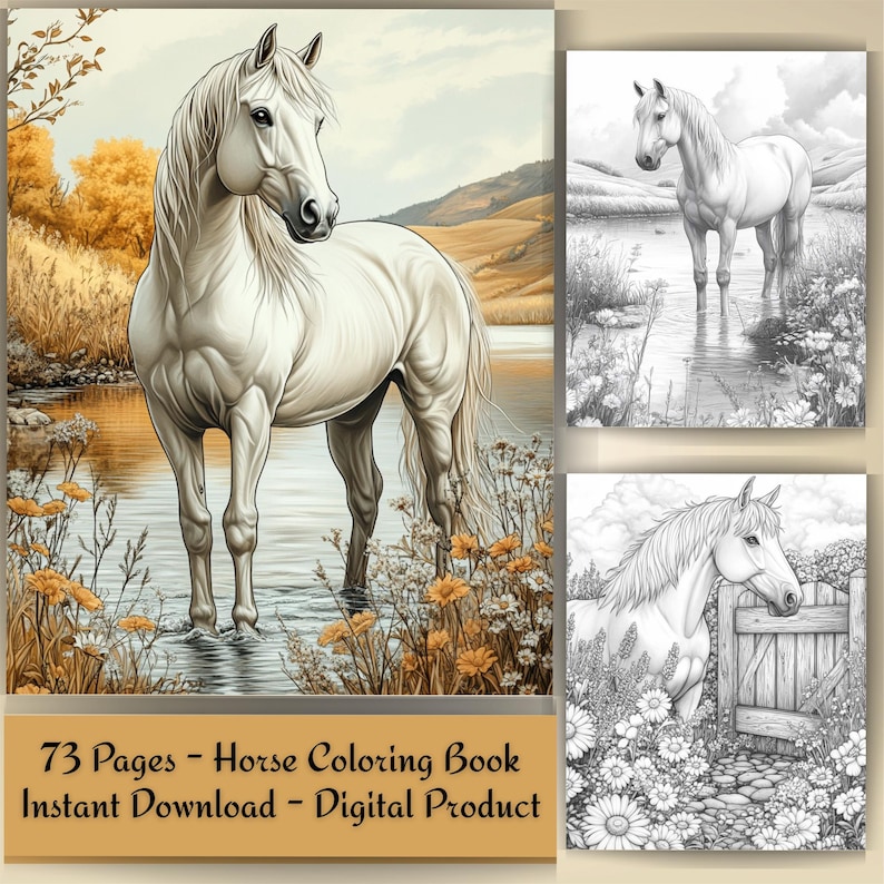 Horse Coloring Book for Adults: Countryside Scenes PDF (73 Pages) (Digital Download image 1