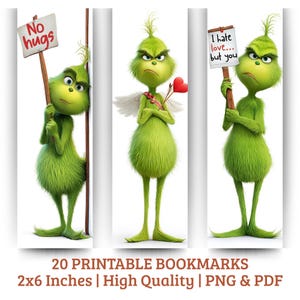 Puede incluir: Juego de tres marcapáginas verdes con personajes. Uno sostiene un cartel que dice "No hugs", otro está vestido de Cupido y el tercero sostiene un cartel que dice "I hate love... but you". Cada marcapáginas mide 5,08 cm x 15,24 cm.