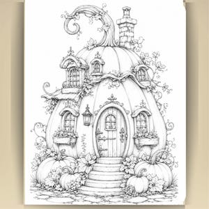 May include: A black and white line art illustration of a pumpkin house. The structure features a central arched door, multiple windows with flower boxes, a chimney, and a curved stem top. Smaller pumpkins and foliage surround the base.
