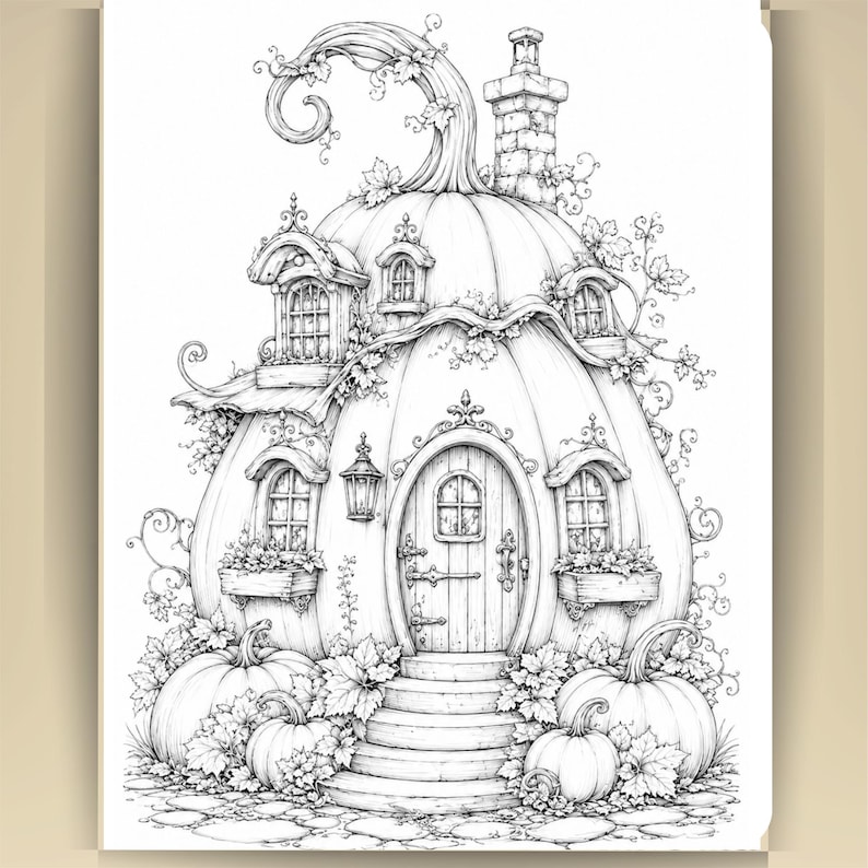 May include: A black and white line art illustration of a pumpkin house. The structure features a central arched door, multiple windows with flower boxes, a chimney, and a curved stem top. Smaller pumpkins and foliage surround the base.