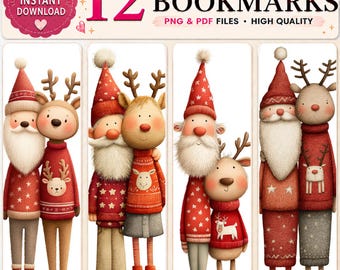May include: A set of 12 printable bookmarks featuring illustrations of pairs of gnomes and reindeer in red and white winter clothing. The text reads 12 PRINTABLE BOOKMARKS, INSTANT DOWNLOAD, PNG & PDF FILES, HIGH QUALITY. The characters have white beards, antlers, and sweaters with star and deer patterns.
