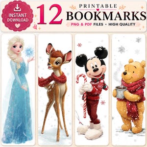 Peut inclure: Un ensemble de 12 marque-pages imprimables présentant des illustrations numériques d'Elsa en robe bleue, Bambi avec une écharpe rouge, Mickey Mouse tenant un sucre d'orge et Winnie l'ourson avec une tasse et une écharpe rouge sur fond enneigé.
