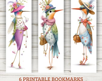 Whimsical Fashion Hummingbird Bookmarks – 6 Elegant Watercolor Printable hummingbird Designs | Instant Download PDF & PNG