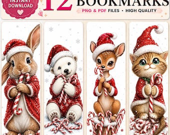 Peut inclure: Un ensemble de 12 marque-pages imprimables illustrant un lapin, un ours polaire, un faon et un chat, portant chacun un bonnet et un manteau de Père Noël rouge en tenant un sucre d'orge. Le texte indique 12 PRINTABLE BOOKMARKS PNG & PDF FILES.