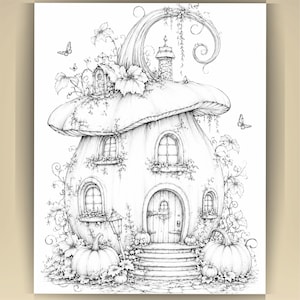 May include: A black and white line art illustration of a pumpkin-shaped house with a large stem roof, multiple arched windows, a central wooden door with steps, surrounding vines, leaves, butterflies, and two large pumpkins at the base.