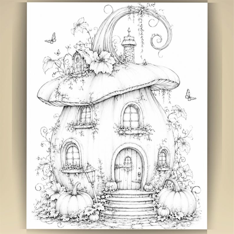 May include: A black and white line art illustration of a pumpkin-shaped house with a large stem roof, multiple arched windows, a central wooden door with steps, surrounding vines, leaves, butterflies, and two large pumpkins at the base.