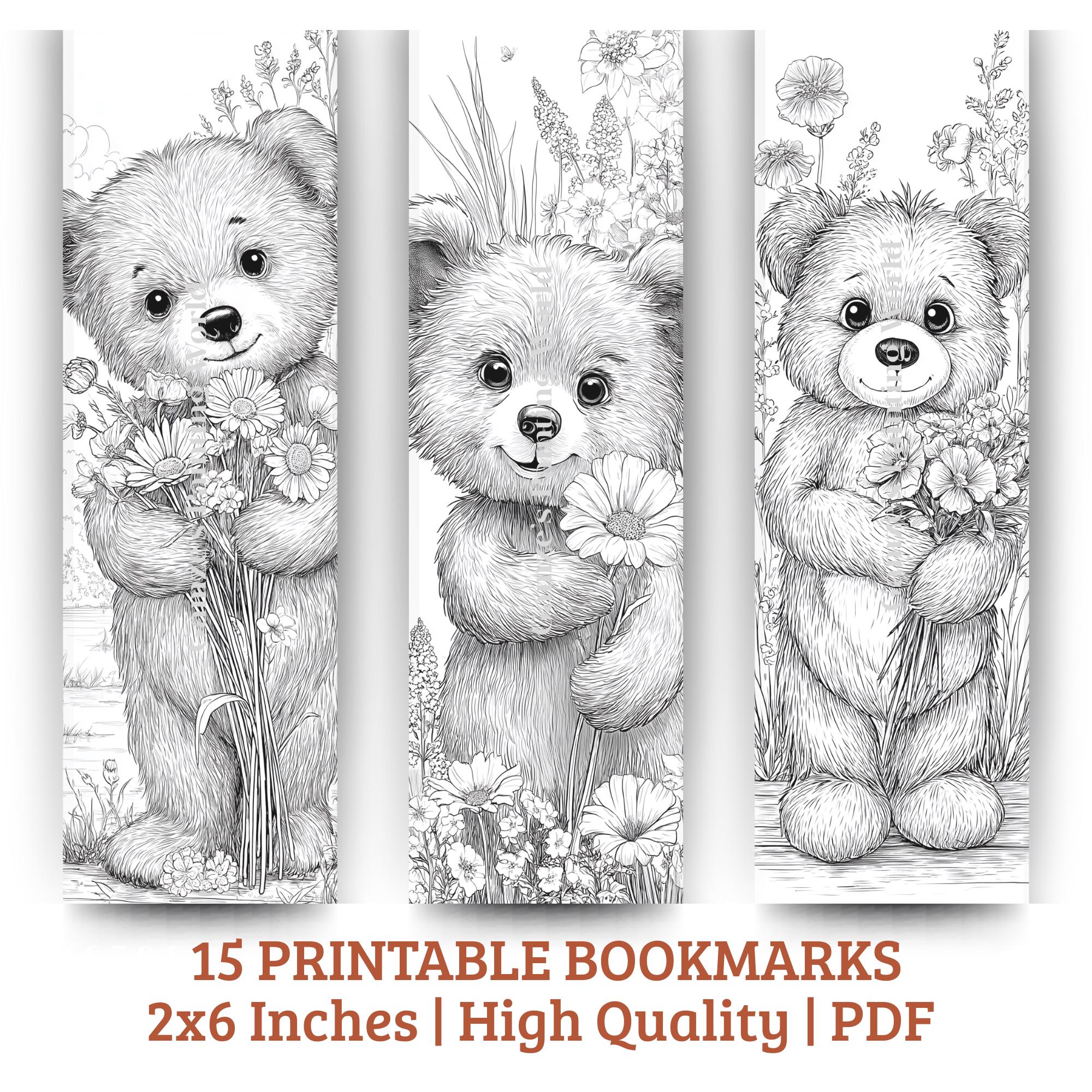 Teddy Bear Coloring Bookmarks | Floral Kids Craft (PDF Printable Set of ...