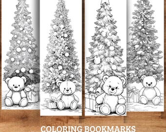 以下が含まれることがあります： クリスマスツリー、テディベア、ギフトが描かれた、白黒の塗り絵用ブックマーク4枚。各ブックマークは5.08 cm x 15.24 cmです。「COLORING BOOKMARKS」と「High Quality」の文字が下部に印刷されています。