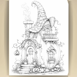 May include: A black and white line art illustration of a whimsical pumpkin-shaped house with a tall, pointed roof, a chimney with smoke, a balcony, and a front door. The scene includes carved jack-o'-lanterns, mushrooms, and climbing vines.