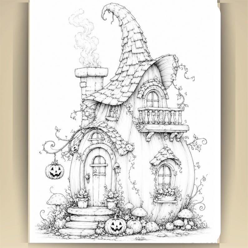 May include: A black and white line art illustration of a whimsical pumpkin-shaped house with a tall, pointed roof, a chimney with smoke, a balcony, and a front door. The scene includes carved jack-o'-lanterns, mushrooms, and climbing vines.