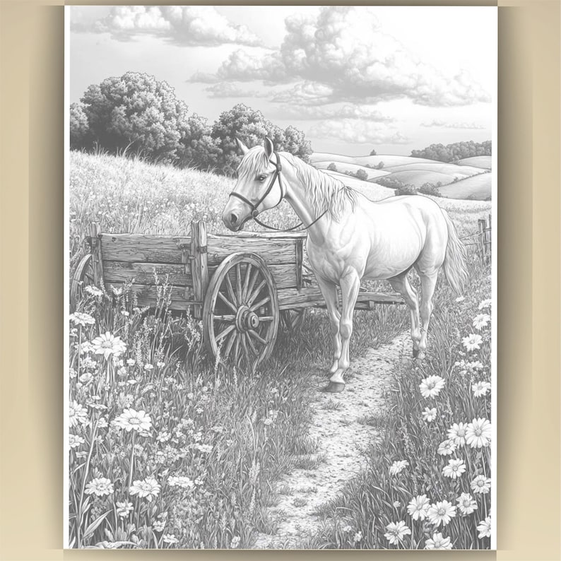 Horse Coloring Book for Adults: Countryside Scenes PDF (73 Pages) (Digital Download image 3