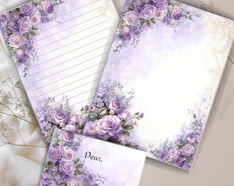 Papelería con diseño de rosas de lavanda, papel floral para escribir cartas (descarga PDF y PNG)