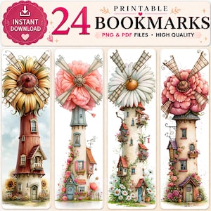 May include: A set of 24 printable bookmarks featuring vertical illustrations of tall towers topped with large flowers and windmill blades. The designs include sunflowers, pink peonies, and daisies, with small houses and floral accents at the base.