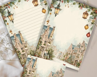 Elegant Winter Christmas Letter Writing Set – Watercolor Holiday Borders | Instant Download PDF + PNG