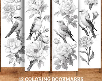Op de afbeelding: Vier zwart-wit kleurboekenleggers met illustraties van vogels en rozen. Elke boekenlegger meet ongeveer 5 x 15 cm. De tekst onderaan luidt "12 COLORING BOOKMARKS 2x6 Inches | High Quality."