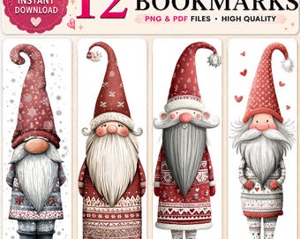 Może przedstawiać: Zestaw 12 zakładek do książek do druku z czterema ilustracjami krasnali. Każdy krasnal ma wysoki czerwony czapkę w wzory i zimowy strój z motywami płatków śniegu i serc. Nagłówek zawiera tekst 12 PRINTABLE BOOKMARKS PNG & PDF FILES.