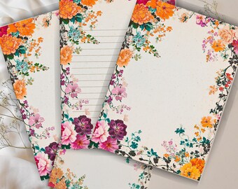Vibrant Watercolor Floral Printable Stationery Set: Lined & Unlined Notepaper for Correspondence