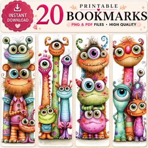 Peut inclure: Un ensemble numérique de 20 marque-pages imprimables représentant des monstres colorés de style dessin animé avec de grands yeux et des textures variées. L'en-tête affiche le texte 20 PRINTABLE BOOKMARKS, PNG & PDF FILES, HIGH QUALITY, INSTANT DOWNLOAD.