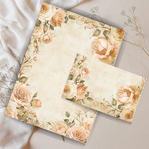 Set da scrittura con lettere vintage e rose, fogli di carta per appunti a righe o bianchi, carta da lettere, carta da scrivere a righe, cancelleria stampabile con motivi floreali