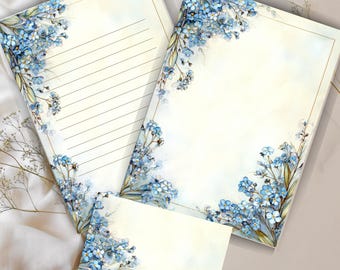 Kit de escritura de cartas No me olvides – Papelería floral azul (con líneas + sin líneas + sobre) Descarga en PDF + PNG