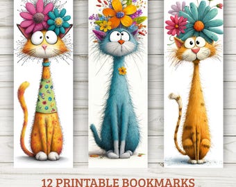 Cartoon Cat Bookmarks - 12 Floral Designs (PDF + PNG)