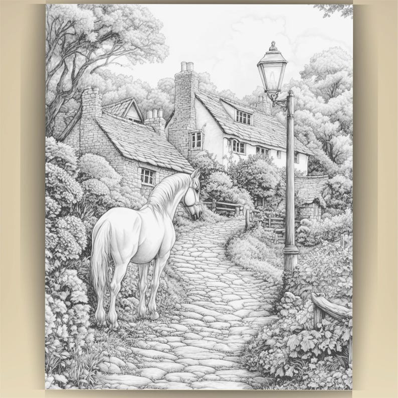 Horse Coloring Book for Adults: Countryside Scenes PDF (73 Pages) (Digital Download image 2