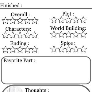 May include: A black and white book review card with sections for title, author, genre, and rating. Includes spaces for plot, characters, and overall thoughts. Features a decorative illustration of candles and books.