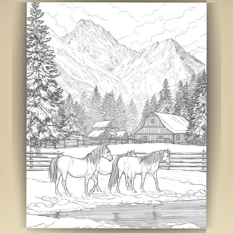Horse Coloring Book for Adults: Countryside Scenes PDF (73 Pages) (Digital Download image 18